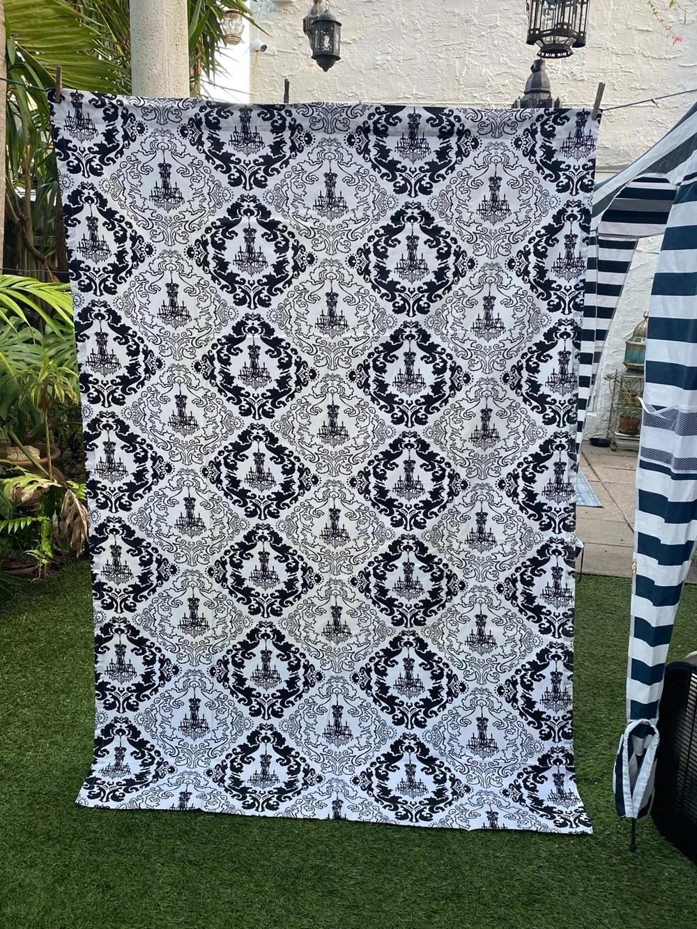 Black White Chandelier Damask Cotton Curtain Panels - Pair of 2